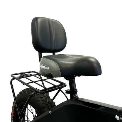 JupiterBikes_Black bicycle seat (Cruiser) installed on a bike with a rear rack on a white background