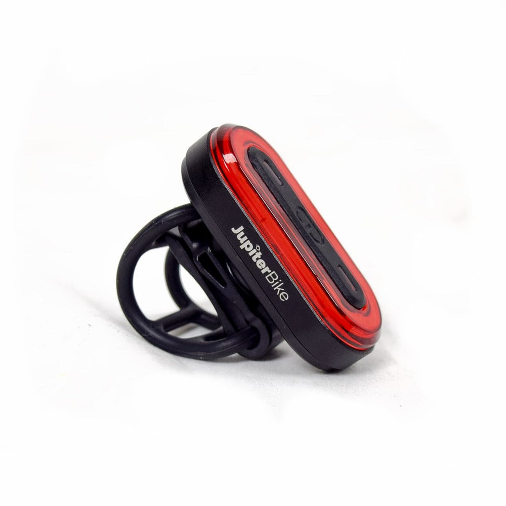 JupiterBikes_Bicycle light with red accent and 'Jupiter Bike' branding on a white background_USB Rechargeable
