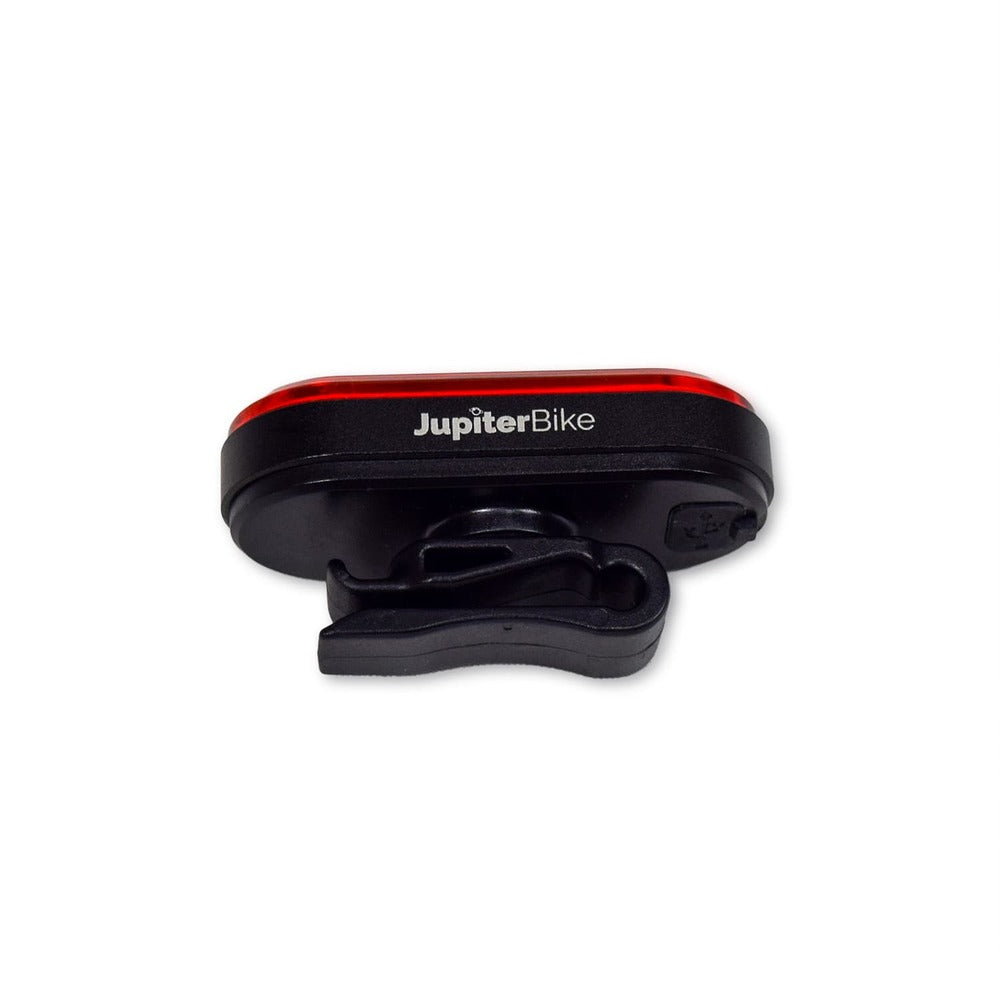 JupiterBikes_USB Rechargeable Black and red LED Bike Light with 'JupiterBike' branding on a white background