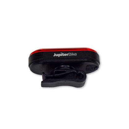 JupiterBikes_USB Rechargeable Black and red LED Bike Light with 'JupiterBike' branding on a white background