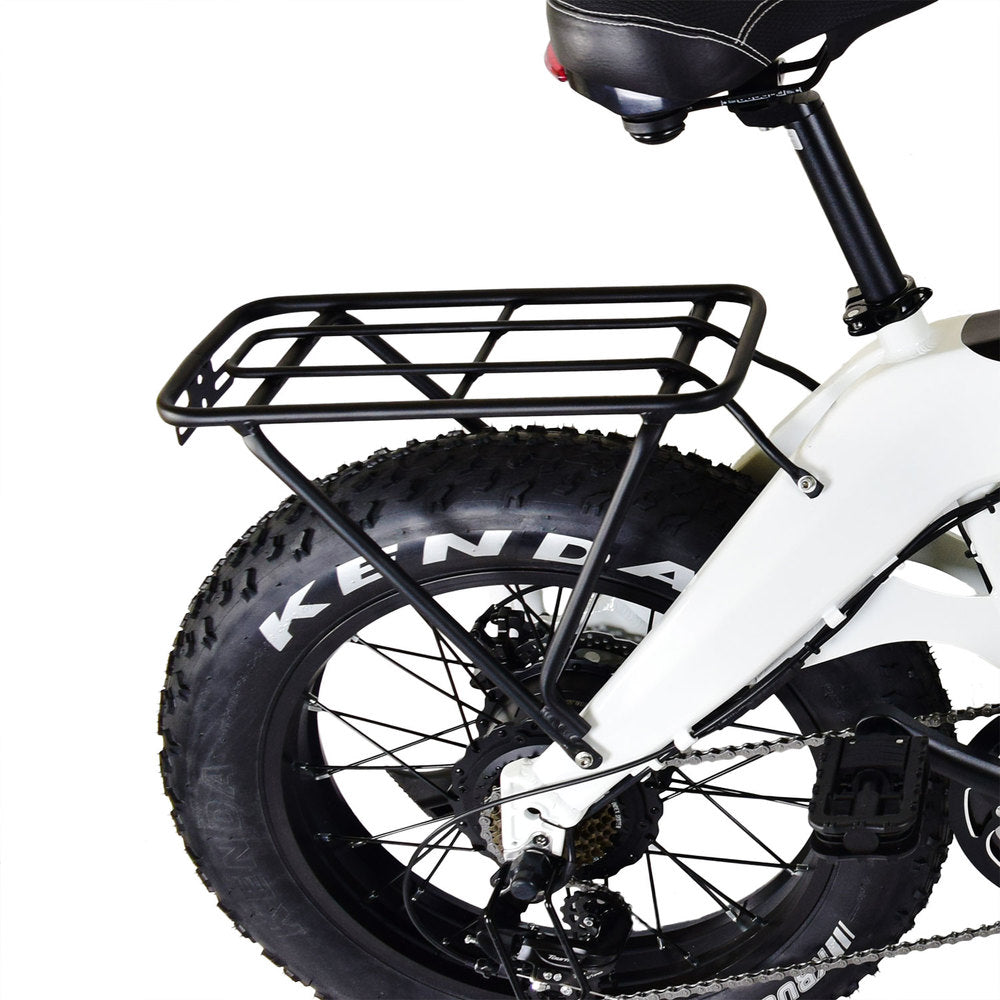 Jupiter_Close-up of a bicycle with a black Kenda tire and rear rack on a white background