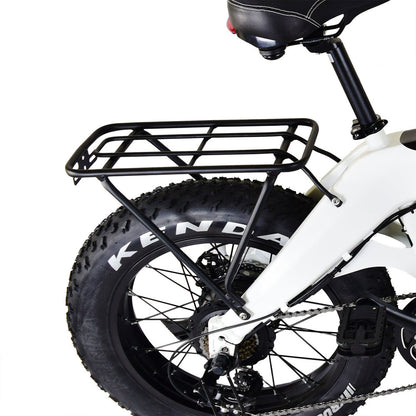 Jupiter_Close-up of a bicycle with a black Kenda tire and rear rack on a white background