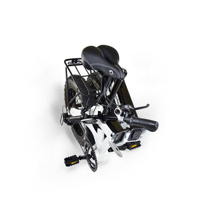 Jupiter_Folded bicycle with a seat and rear rack on a white background