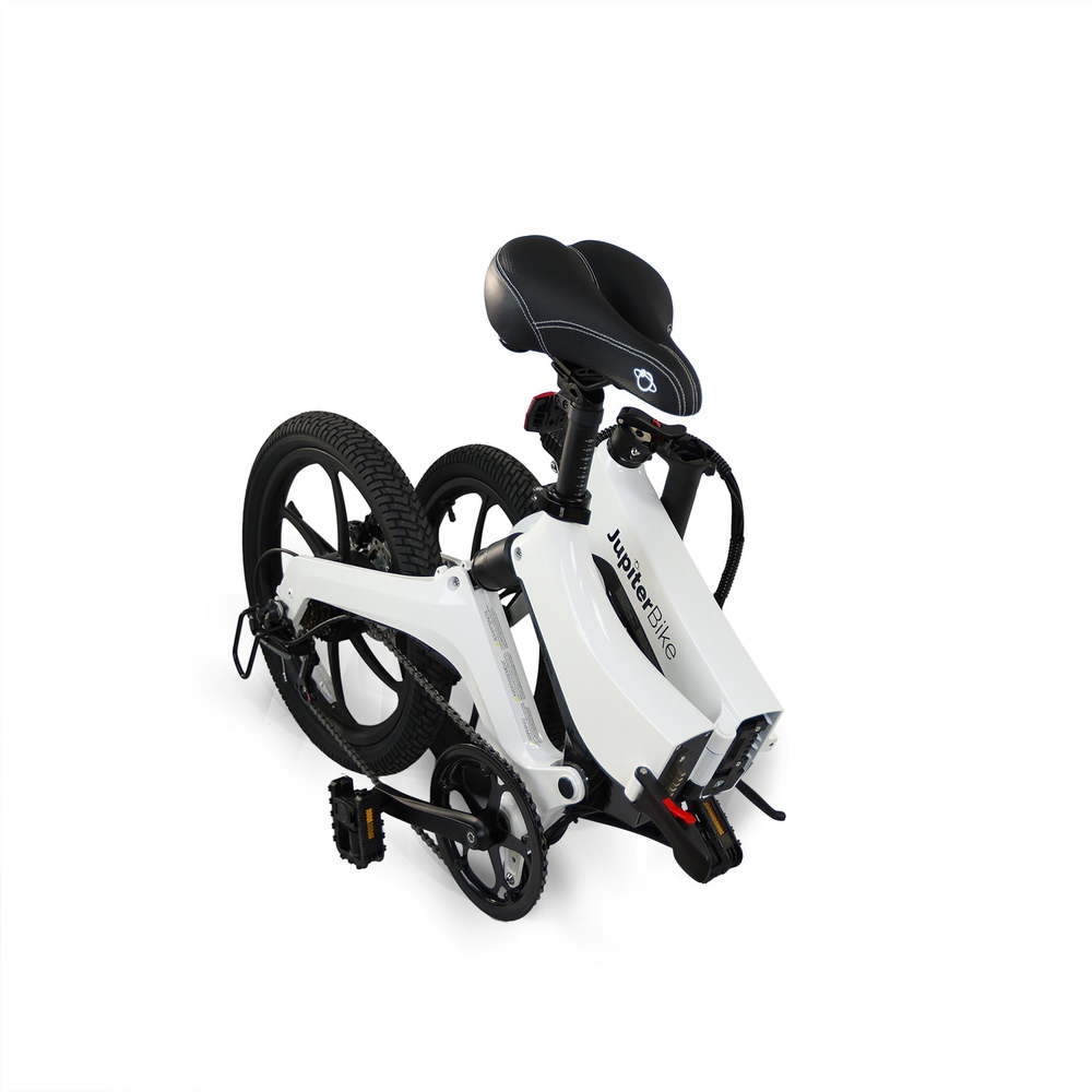 Jupiter_Discovery x7_White folding bicycle with black seat on a white background