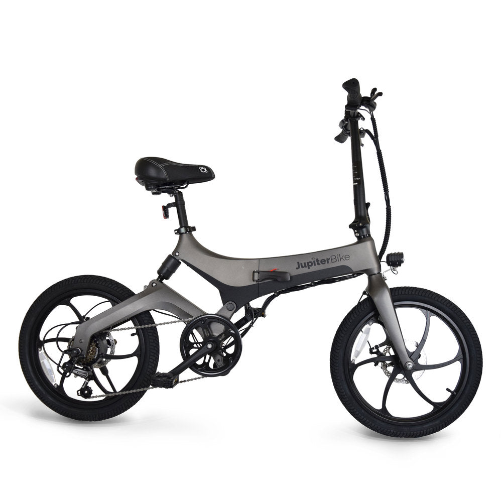 Jupiter x7_Gray folding bike with black seat on a white background