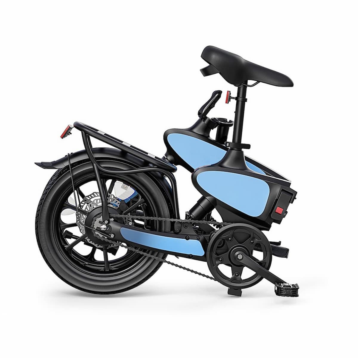 JupiterBikes_Black and Blue Riptide folded electric bike with blue accents on a white background