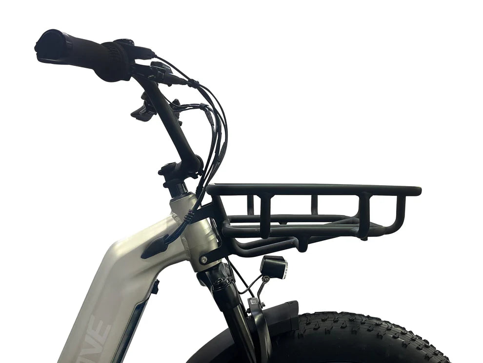 Velowave_Close-up of an electric bicycle handlebar and black front rack on a white background