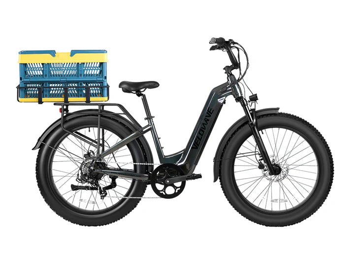 Velowave electric bike with a blue and yellow crate attached to the back on a white background