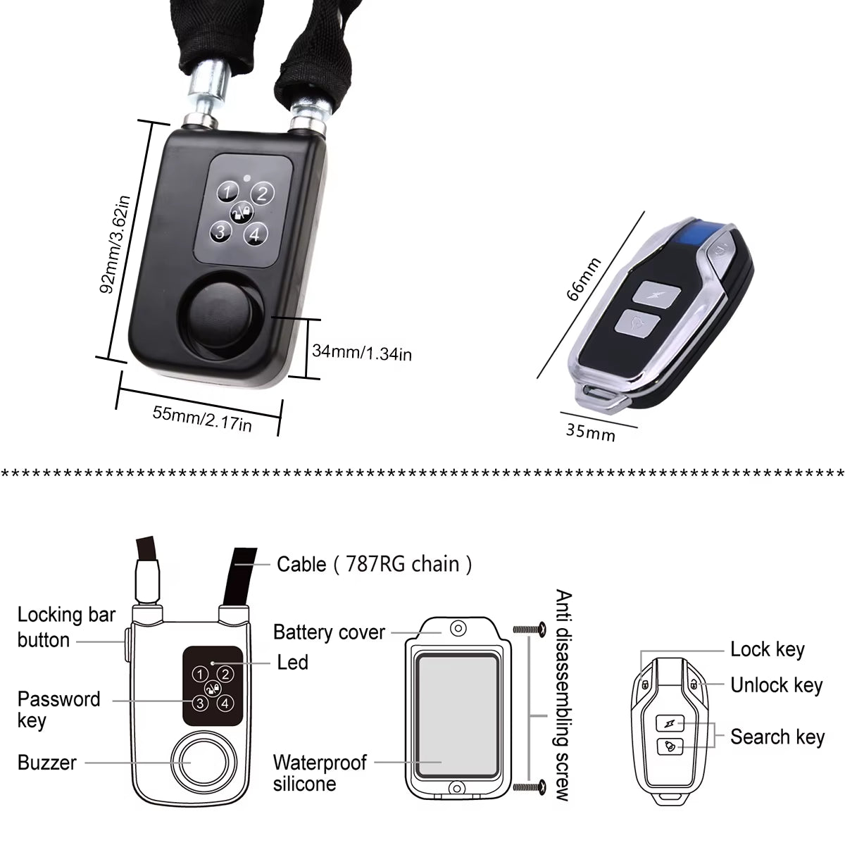 Electric Bike Cable Lock with Remote Control Keyless Bike Lock Sound Alarm Anti-Theft Stainless Steel Cable Cut-Proof