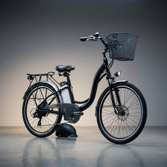 350W Electric Beach Cruiser Electric Bike, Black — Studio Shot