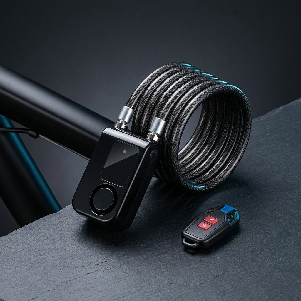 Electric Bike Cable Lock with Remote Control Keyless Bike Lock Sound Alarm Anti-Theft Stainless Steel Cable Cut-Proof — Studio Shot