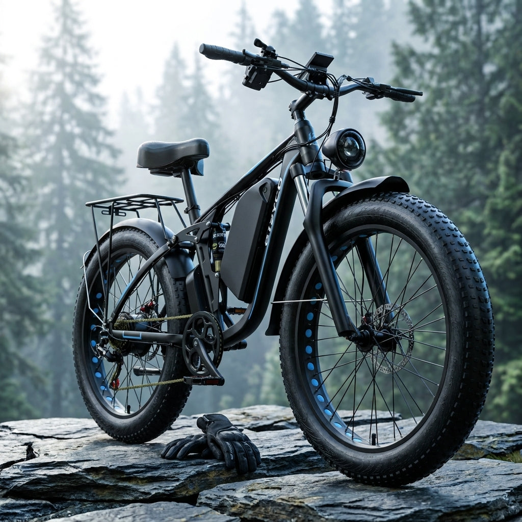 Off-Road Full Suspension Electric Bike 2000W Dual Motor 52V 23AH Battery Mountain Electric Bike 26 Inch Fat Tire Electric Bike — Studio Shot