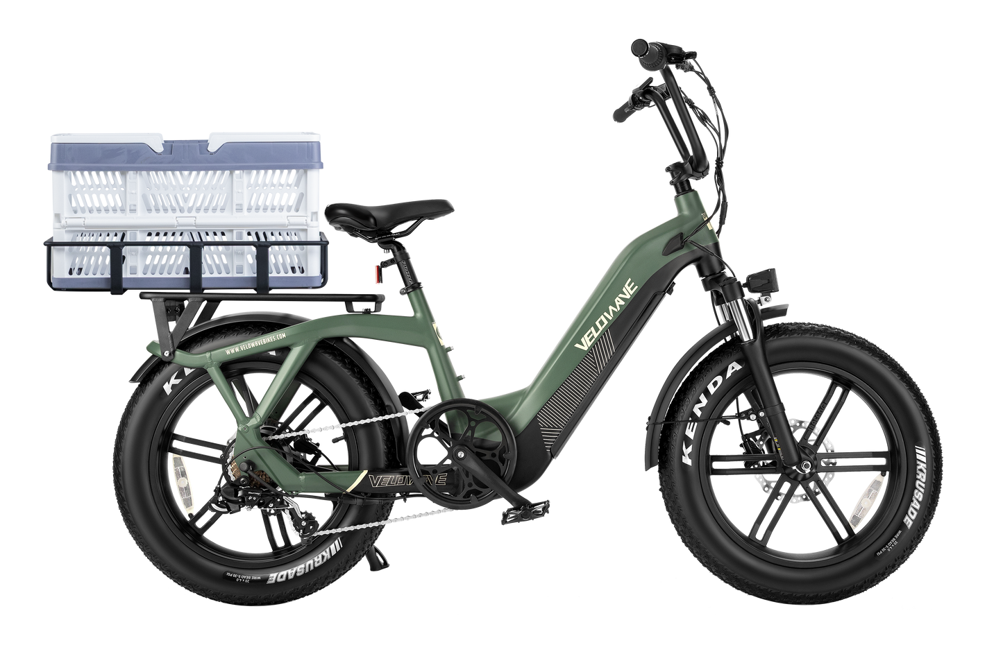 velowave_Green Pony electric bike with a basket on the bike rack