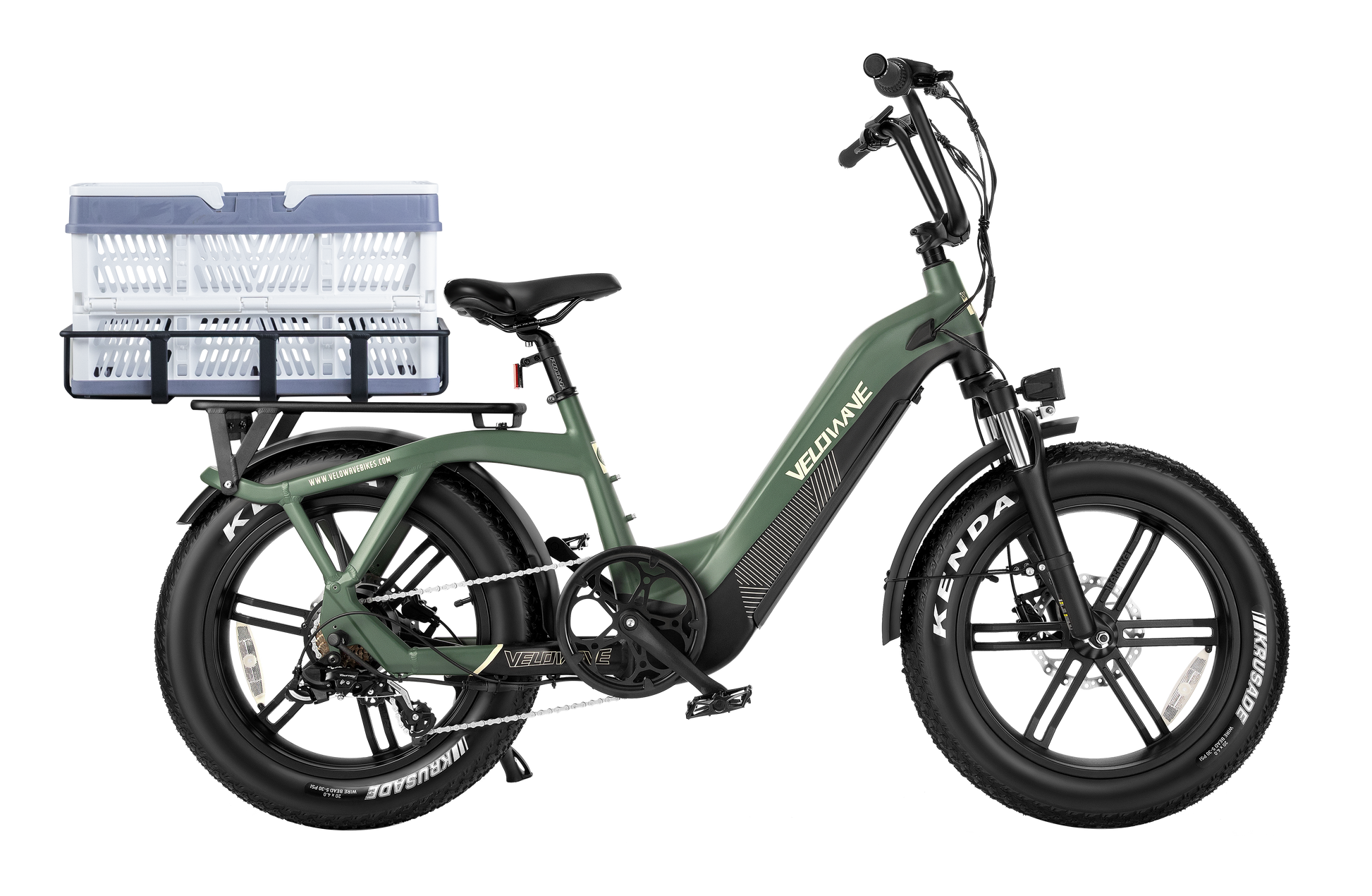 velowave_Green Pony electric bike with a basket on the bike rack