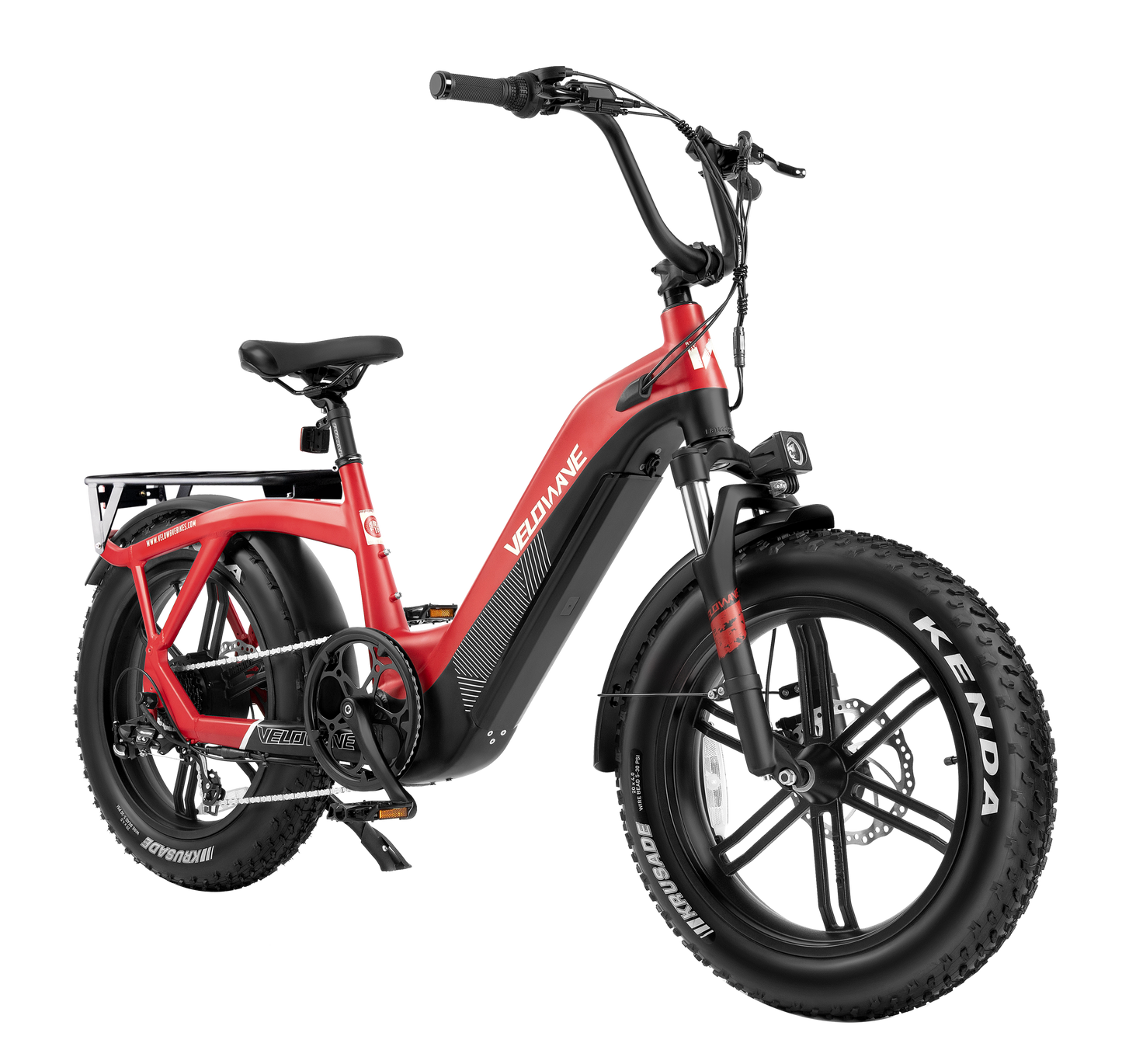 velowave_Red Pony electric bike with black components on a white background