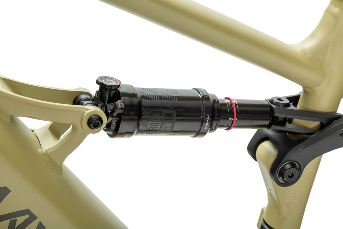 velowave_Close-up of a bicycle suspension fork on a olive green frame – BrawnyXM
