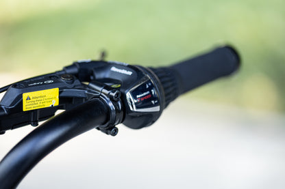 velowave_Close-up of a handlebar from Pony electric bike with control buttons and a yellow label against a blurred natural background.