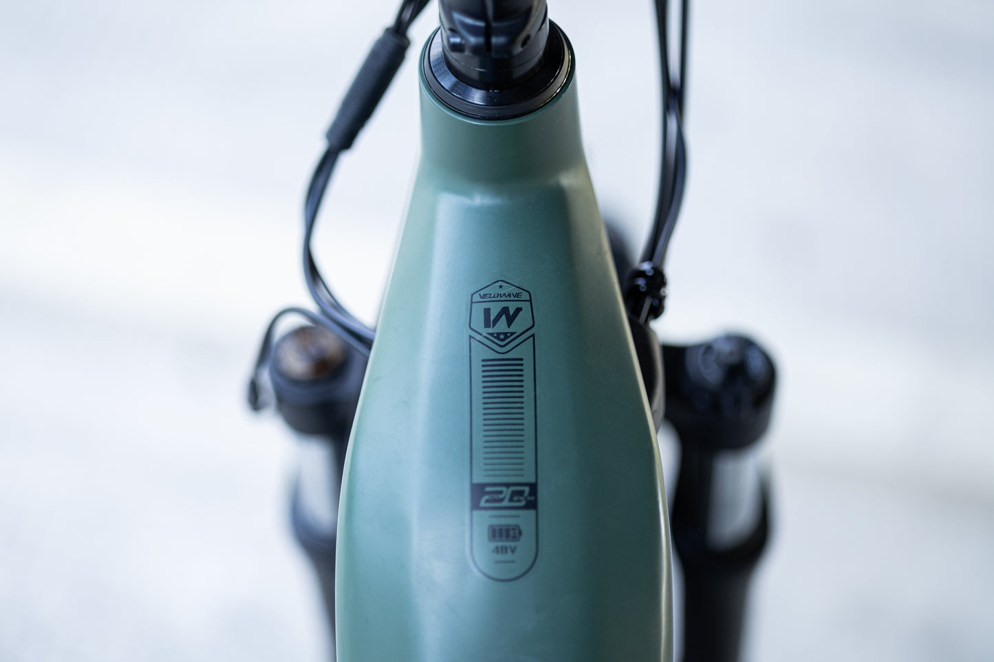 velowave_Close-up of ia Green electric bicycle frame with brand logo on a blurred background