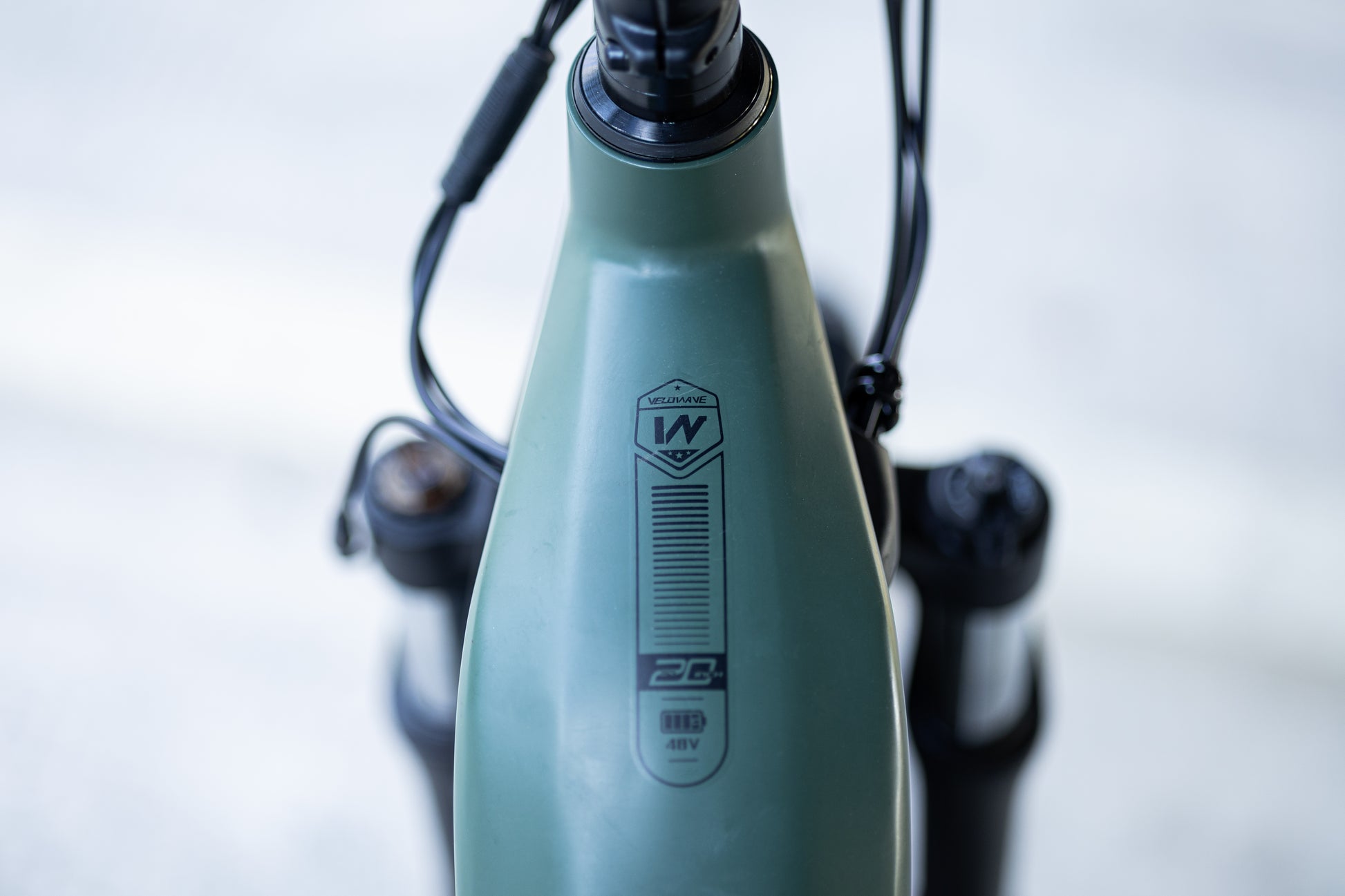 velowave_Close-up of ia Green electric bicycle frame with brand logo on a blurred background