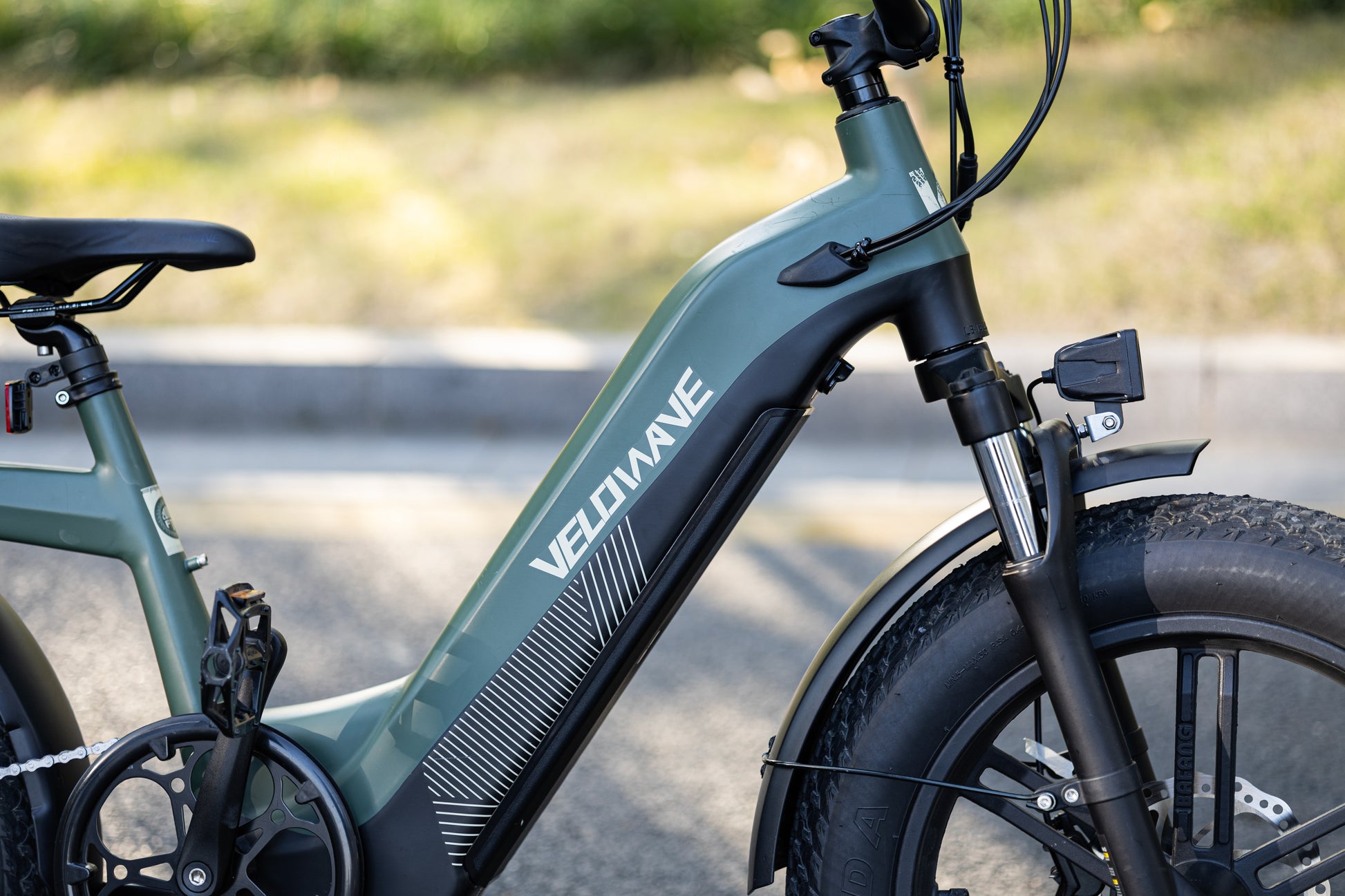 velowave_Green Pony electric bike with 'VeloWave' branding on a blurred natural background
