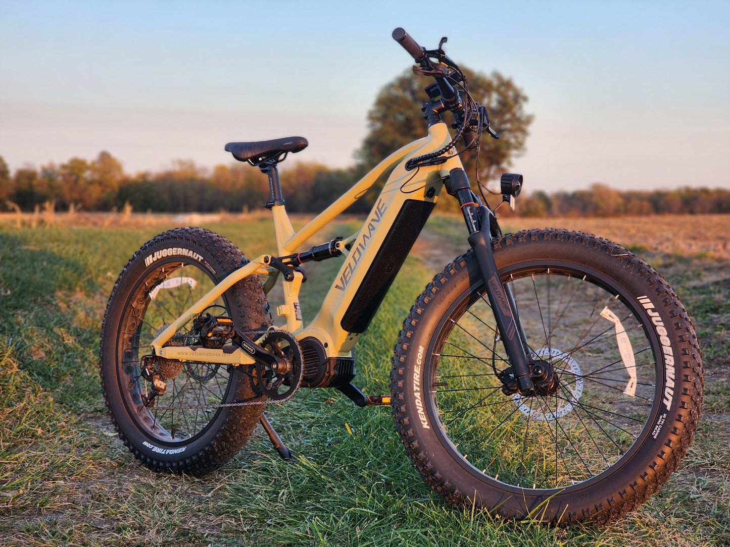 velowave_Olive Green electric bike on grass with a scenic background – BrawnyXM Showcase